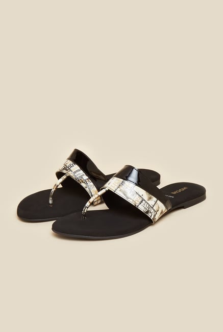 Mochi Black Newspaper Print Flat Sandals Mochi Black Newspaper Print Flat Sandals