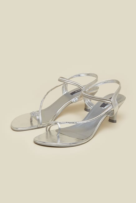 Mochi Silver Diamond Embossed Stiletto Sandals Mochi Silver Diamond Embossed Stiletto Sandals