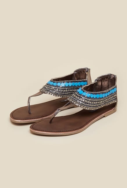 Mochi Gun Metal Beaded Flat Sandals Mochi Gun Metal Beaded Flat Sandals