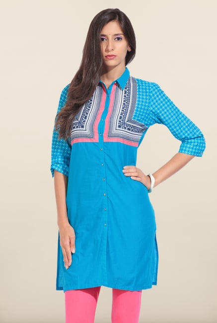 W Blue Printed Shirt Collar Kurta W Blue Printed Shirt Collar Kurta