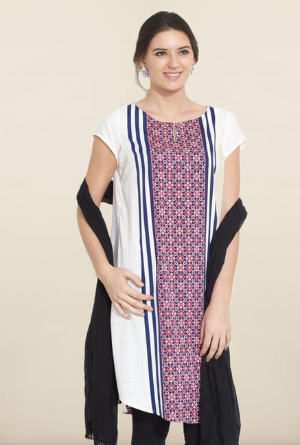W White & Pink Printed Short Sleeves Kurta W White & Pink Printed Short Sleeves Kurta