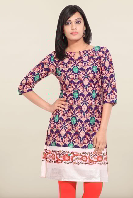 W Purple Printed Boat Neck Kurta W Purple Printed Boat Neck Kurta