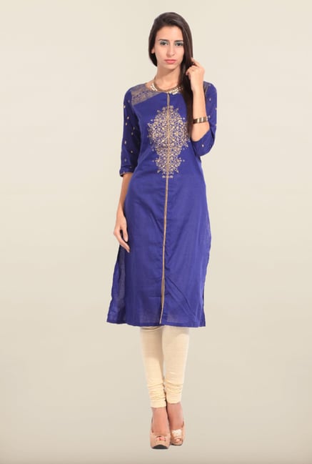 W Blue Printed Boat Neck Kurta W Blue Printed Boat Neck Kurta