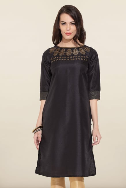 W Black Solid Boat Neck Kurta W Black Solid Boat Neck Kurta
