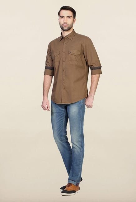 Allen Solly Khaki Solid Casual Shirt Allen Solly Khaki Solid Casual Shirt