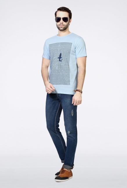 People Blue Printed Crew T Shirt People Blue Printed Crew T Shirt