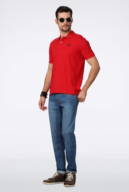 People Red Solid Polo T Shirt People Red Solid Polo T Shirt