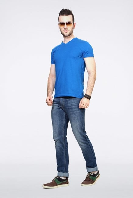 People Blue Solid V-Neck T Shirt People Blue Solid V-Neck T Shirt