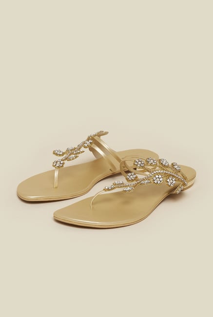 Mochi Beige & Gold Floral Flat Sandals Mochi Beige & Gold Floral Flat Sandals