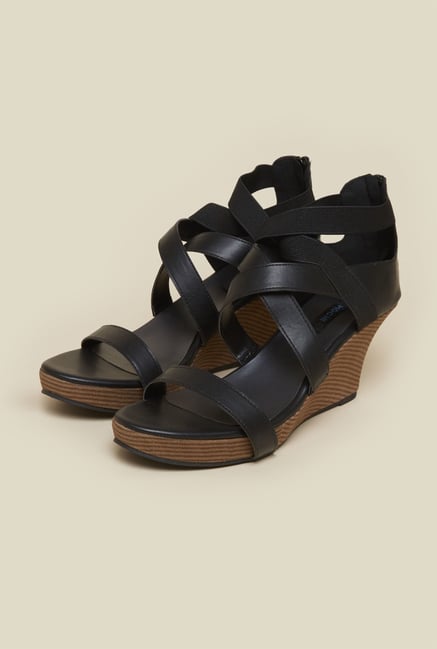 Mochi Black Cross Strap Wedges Mochi Black Cross Strap Wedges