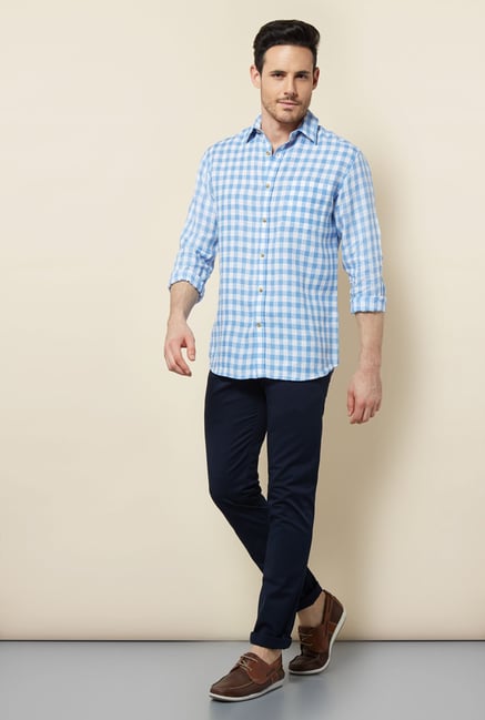 Cottonworld Blue Checks Casual Linen Shirt Cottonworld Blue Checks Casual Linen Shirt