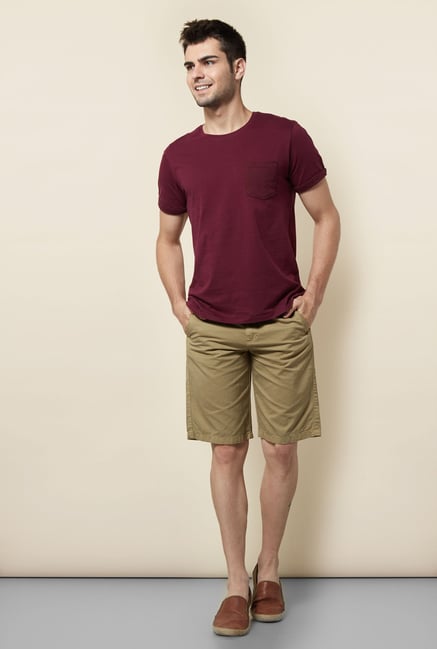 Cottonworld Khaki Solid Cotton Shorts Cottonworld Khaki Solid Cotton Shorts