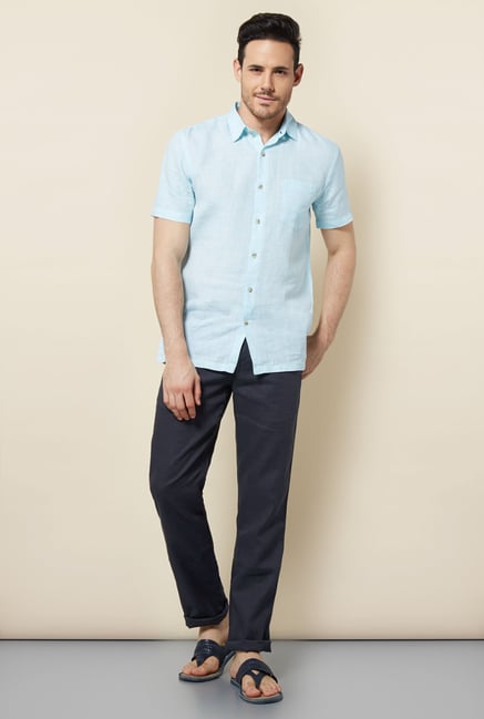 Cottonworld Light Blue Solid Casual Linen Shirt Cottonworld Light Blue Solid Casual Linen Shirt