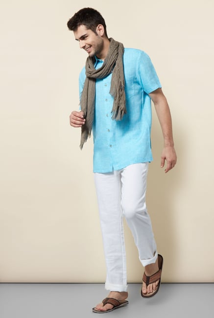 Cottonworld Turquoise Solid Casual Linen Shirt Cottonworld Turquoise Solid Casual Linen Shirt