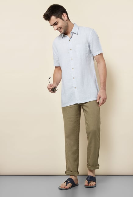 Cottonworld Light Blue Solid Casual Linen Shirt Cottonworld Light Blue Solid Casual Linen Shirt