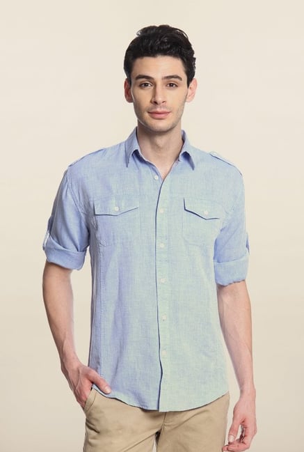 Cottonworld Sky Blue Solid Casual Shirt Cottonworld Sky Blue Solid Casual Shirt