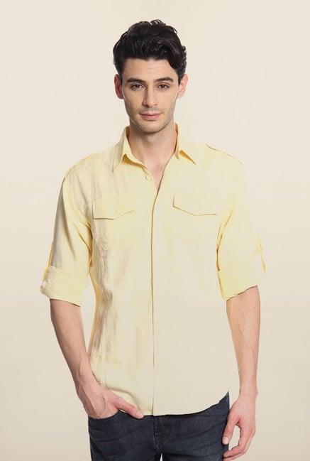 Cottonworld Yellow Solid Casual Linen Shirt Cottonworld Yellow Solid Casual Linen Shirt