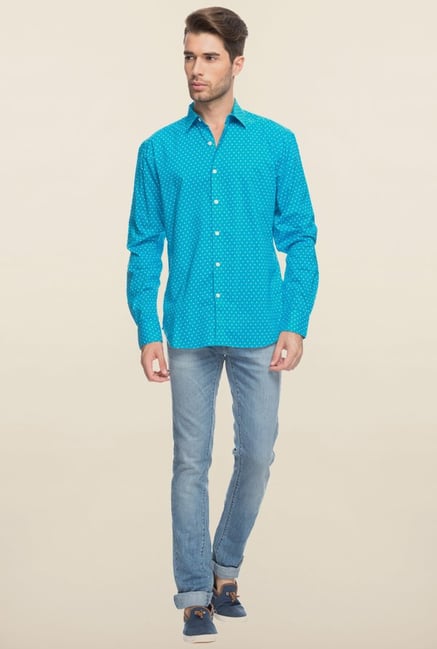 Cottonworld Aqua Polka Dot Printed Casual Shirt Cottonworld Aqua Polka Dot Printed Casual Shirt