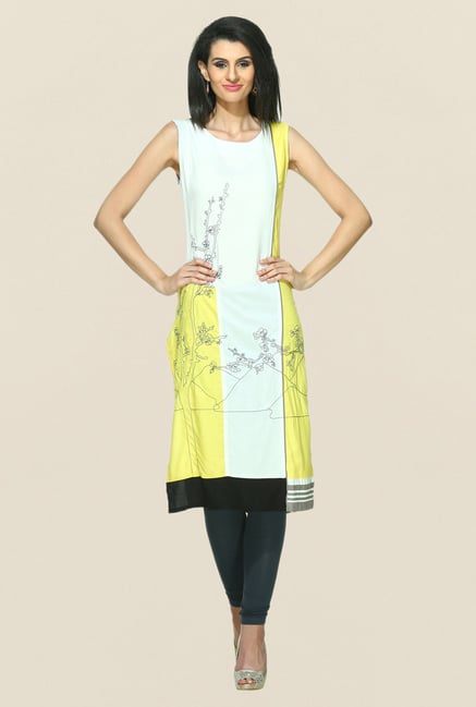 W Off White & Yellow Printed Round Neck Kurta W Off White & Yellow Printed Round Neck Kurta