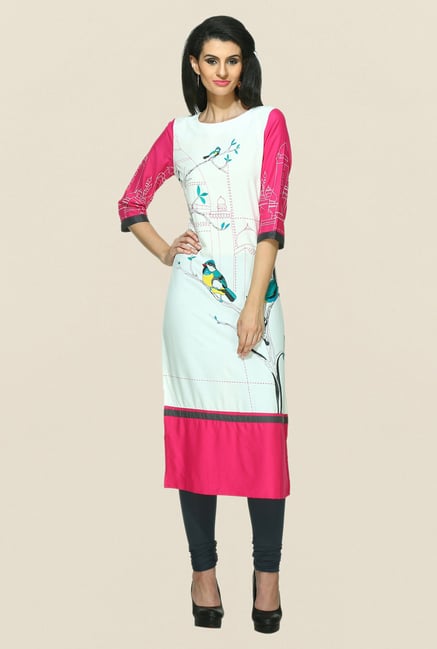 W Off White & Pink Printed Round Neck Kurta W Off White & Pink Printed Round Neck Kurta