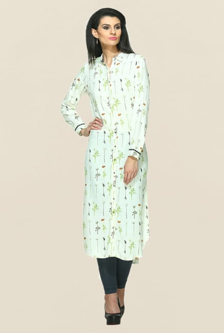 W White Printed Shirt Collar Kurta W White Printed Shirt Collar Kurta