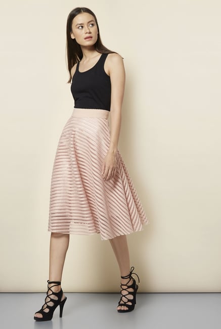 New Look Pink Mesh Striped Midi Skirt New Look Pink Mesh Striped Midi Skirt