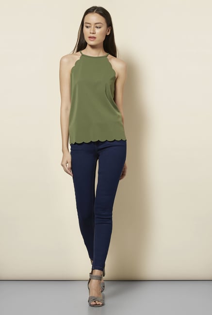 New Look Green Scallop Trim Top New Look Green Scallop Trim Top