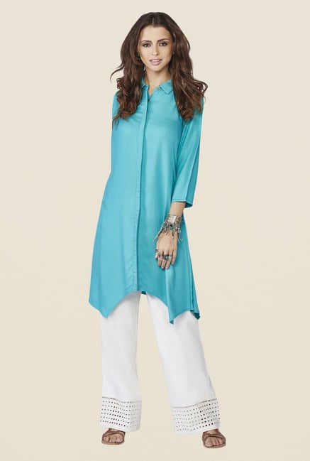 Global Desi Sea Blue Solid Mimosa Kurti Global Desi Sea Blue Solid Mimosa Kurti