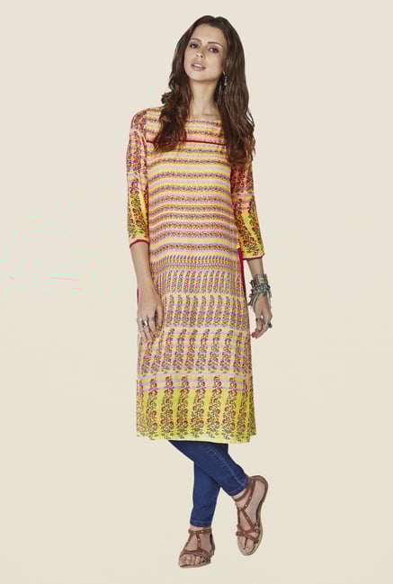 Global Desi Multicolor Printed Citrine Kurti Global Desi Multicolor Printed Citrine Kurti