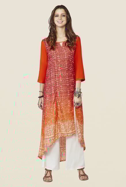 Global Desi Orange Printed Demelza Kurta Global Desi Orange Printed Demelza Kurta