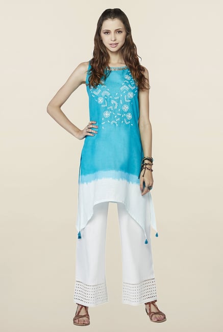 Global Desi Blue Embroidered Sana Kurti Global Desi Blue Embroidered Sana Kurti