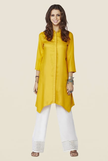 Global Desi Mustard Solid Mimosa Kurti Global Desi Mustard Solid Mimosa Kurti