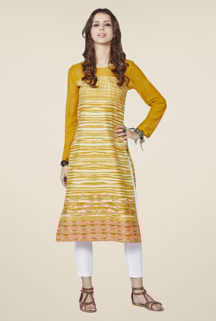 Global Desi Mustard Printed Maebry Kurta Global Desi Mustard Printed Maebry Kurta