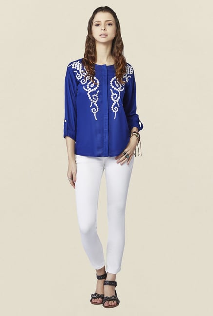 Global Desi Ink Blue Embroidered Yelena Top Global Desi Ink Blue Embroidered Yelena Top