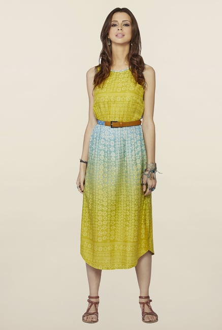 Global Desi Mustard & Blue Printed Ivy Midi Dress Global Desi Mustard & Blue Printed Ivy Midi Dress