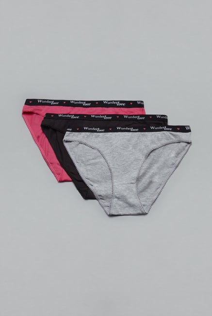 Wunderlove Grey, Black & Pink Bikini Panties (Pack Of 3) Wunderlove Grey, Black & Pink Bikini Panties (Pack Of 3)