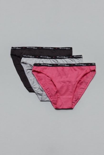 Wunderlove Pink, Grey & Black Hi Leg Panties (Pack Of 3) Wunderlove Pink, Grey & Black Hi Leg Panties (Pack Of 3)