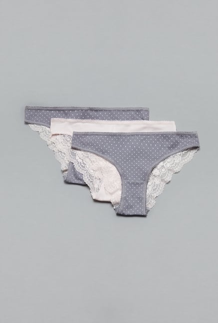 Wunderlove Grey & White Brazilian Panties (Pack Of 3) Wunderlove Grey & White Brazilian Panties (Pack Of 3)