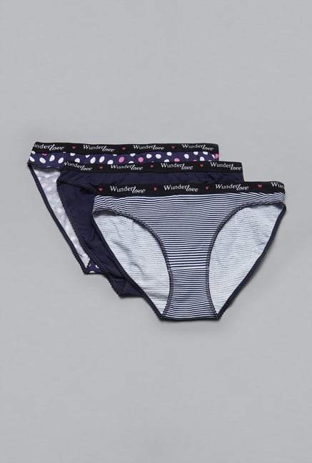 Wunderlove Navy Bikini Panties (Pack Of 3) Wunderlove Navy Bikini Panties (Pack Of 3)