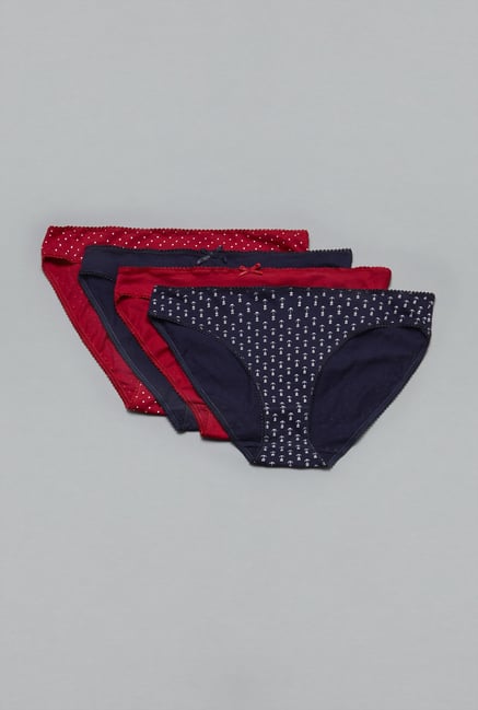 Wunderlove Navy & Red Printed Bikini Panties (Pack Of 4) Wunderlove Navy & Red Printed Bikini Panties (Pack Of 4)