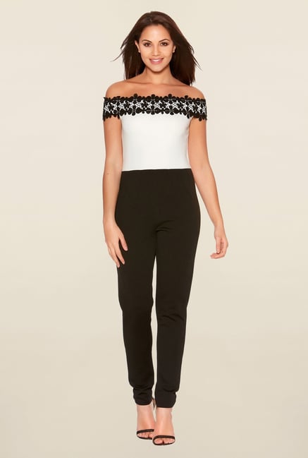 Quiz White & Black Solid Bardot Jumpsuit Quiz White & Black Solid Bardot Jumpsuit