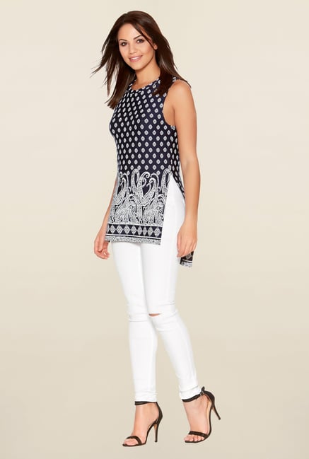 Quiz Navy Printed Sleeveless Split Top Quiz Navy Printed Sleeveless Split Top