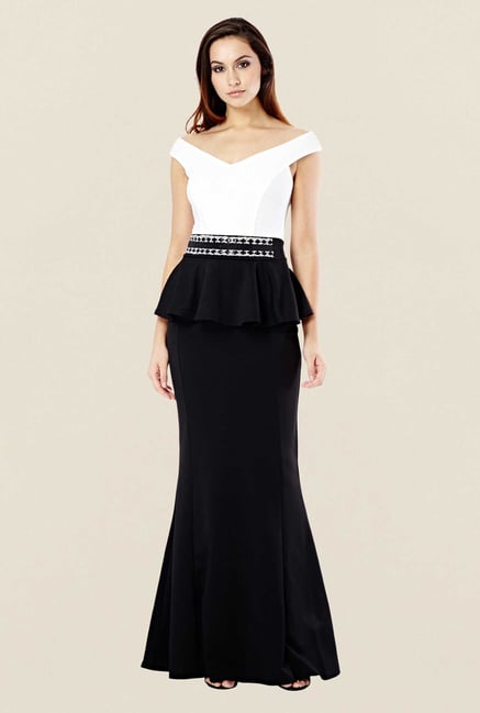 Quiz White & Black Peplum Fishtail Maxi Dress Quiz White & Black Peplum Fishtail Maxi Dress