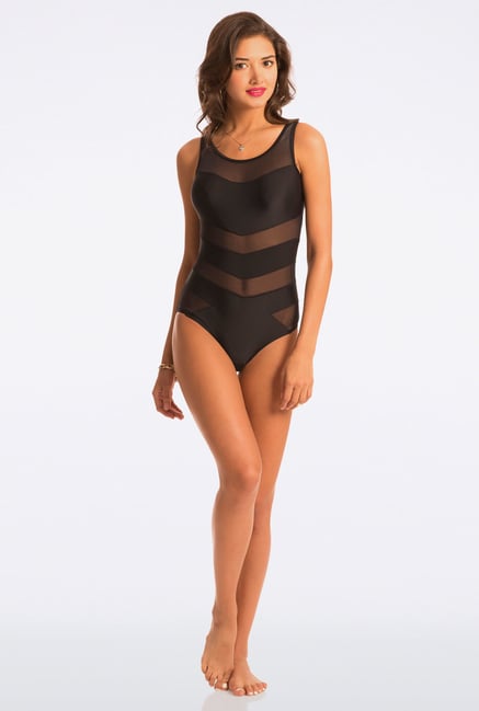 Pretty Secrets Black Solid Mesh Striped Swimsuit Pretty Secrets Black Solid Mesh Striped Swimsuit
