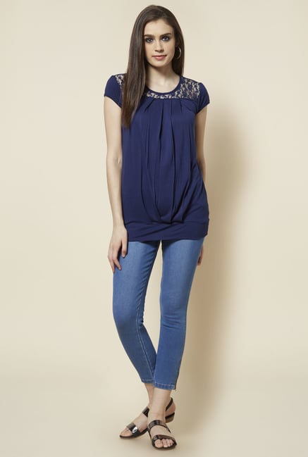 Zudio Navy Round Neck Lace Blouse Zudio Navy Round Neck Lace Blouse