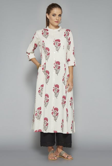Utsa Beige Floral Printed Cotton Kurta Utsa Beige Floral Printed Cotton Kurta