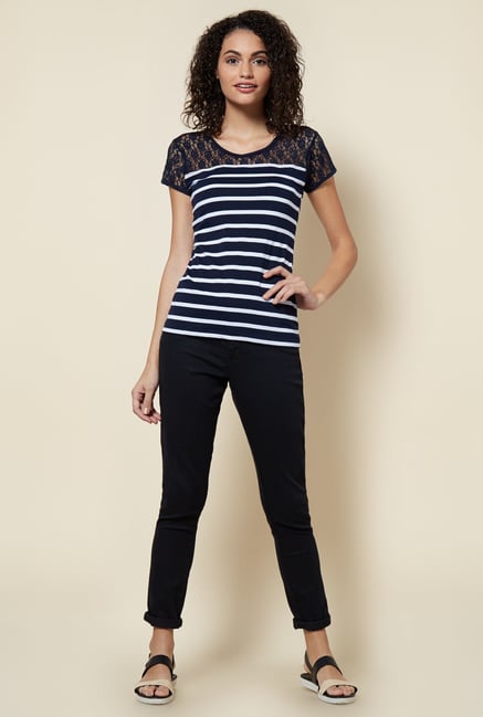 Zudio Navy Striped Lacy Top Zudio Navy Striped Lacy Top