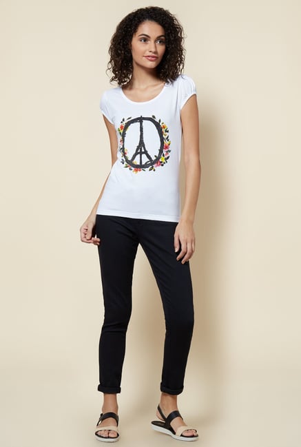 Zudio White Floral Printed Cotton T Shirt Zudio White Floral Printed Cotton T Shirt