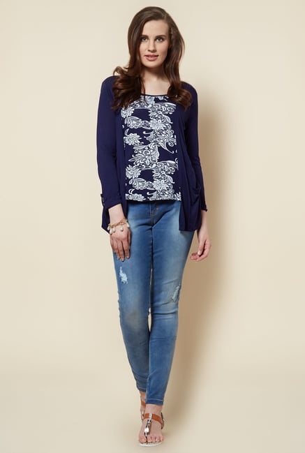 Zudio Navy Floral Printed Bonie Blouse Zudio Navy Floral Printed Bonie Blouse