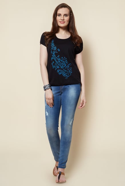 Zudio Black Paisley Printed Cotton T Shirt Zudio Black Paisley Printed Cotton T Shirt